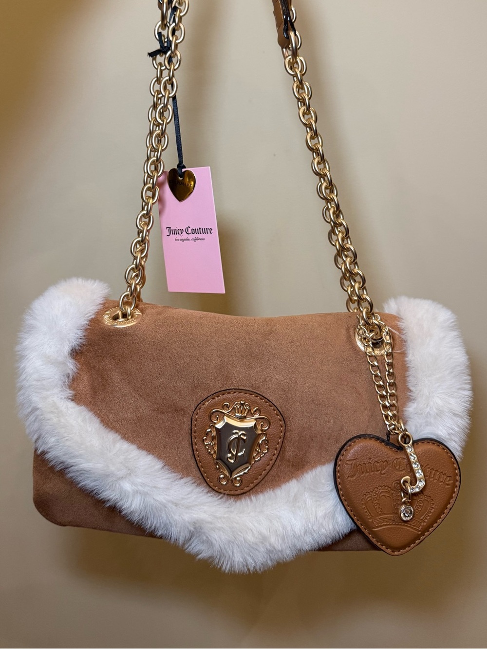 NWT Juicy Couture Gold Tan Brown Suede White Faux Fur Glamour Gang Flap Bag New